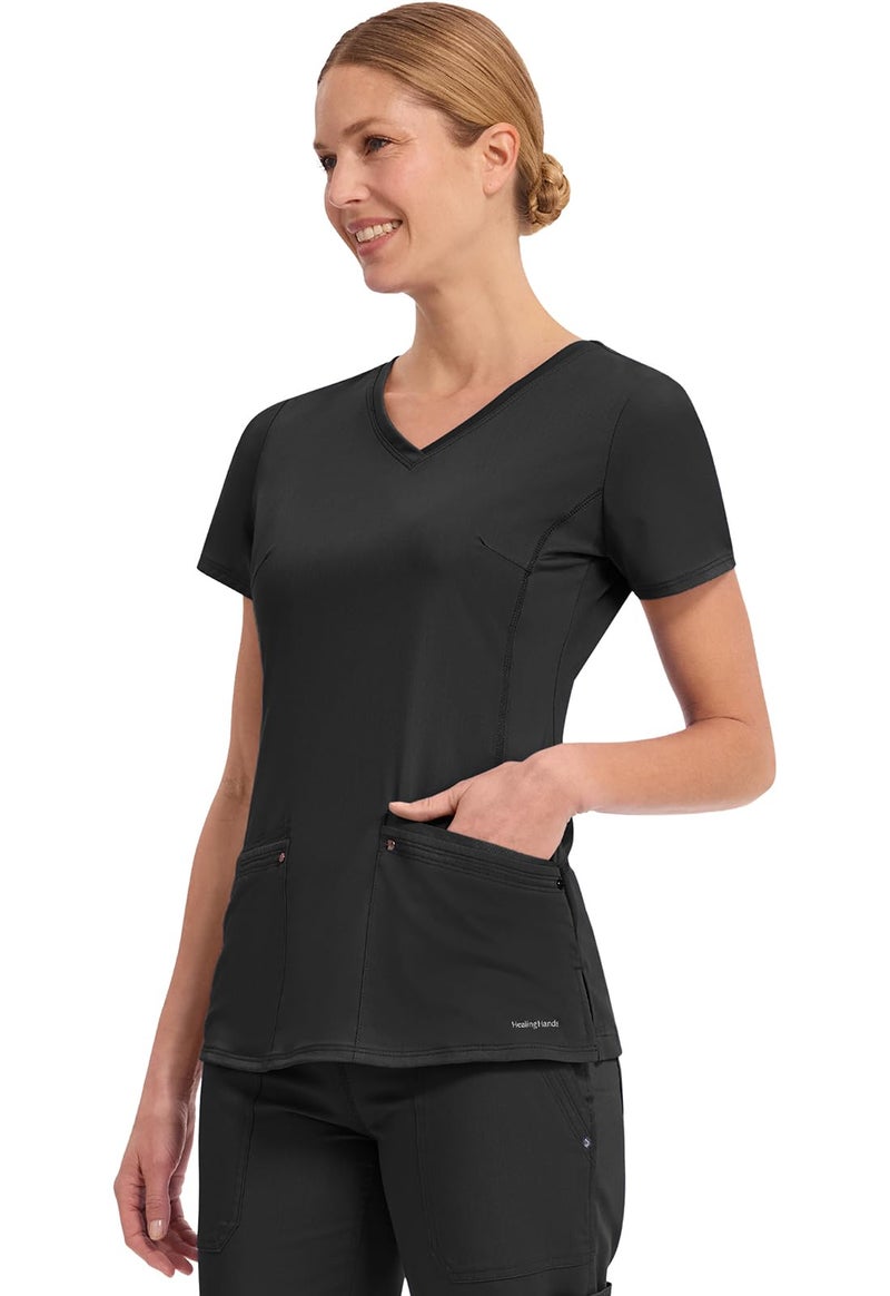Healing Hands Women's Scrub Top V-Neck with 2 Pockets, 2-Way Stretch, and Yoga Knit Side Panels for Slim Fit - 2245, S, Black - Image 4